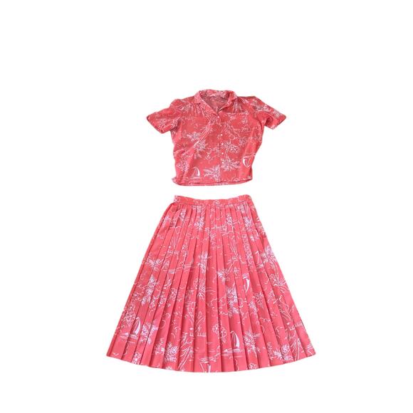 Vintage 2 Piece Pink Coral Collared Blouse & Matching Pleated Skirt Est Size - S - Picture 2 of 10